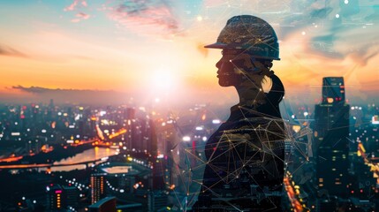 Silhouette of a worker overlaid with cityscape and digital network