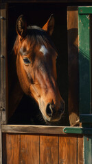 Brown Horse Looking Out from Stable Door