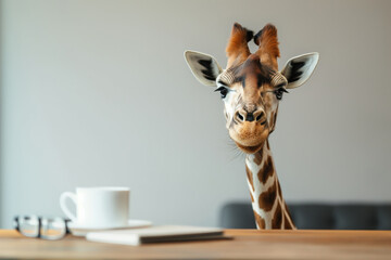 A curious giraffe in a modern office peers over a desk with a coffee cup - Powered by Adobe