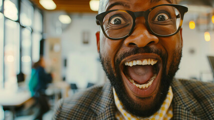 Overjoyed businessman with open mouth in office. Close-up of a happy businessman with wide open mouth and surprised expression, showcasing genuine excitement and joy in the workplace.