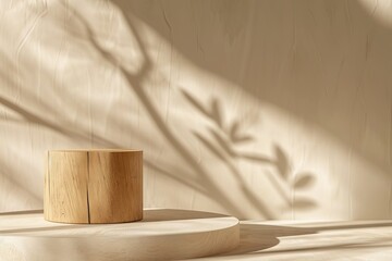 Fototapeta na wymiar Geometric podium with wooden cylinder on beige background.