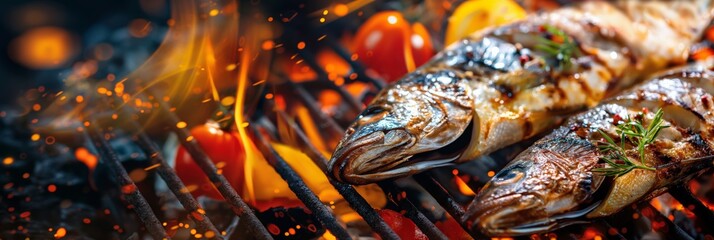 Close-up of grilled fish with herbs being cooked over an open flame, capturing the essence of outdoor cooking