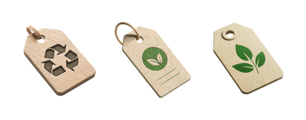 Set of eco-friendly tags isolated on transparent background with recycling and green leaf symbols. Environmental and sustainability concept. Design for stickers, labels, packaging, and promotional mat