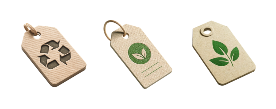 Set of eco-friendly tags isolated on transparent background with recycling and green leaf symbols. Environmental and sustainability concept. Design for stickers, labels, packaging, and promotional mat