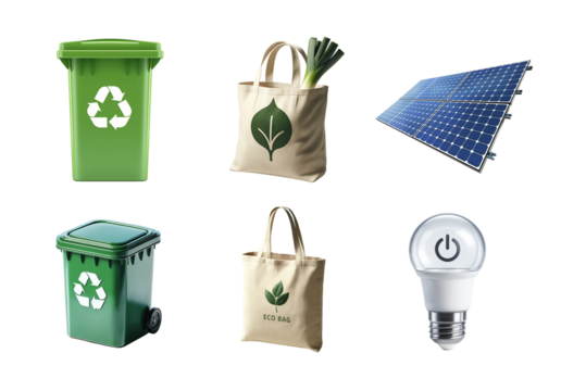 Collection of eco-friendly items isolated on transparent background. Environmental and sustainability concept. Design for posters, stickers, and educational materials.