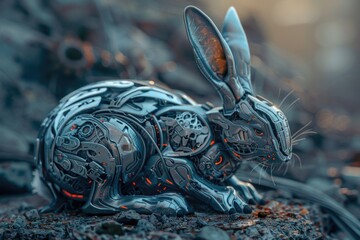 Detailed close up of a metal sculpture of a rabbit, suitable for various creative projects