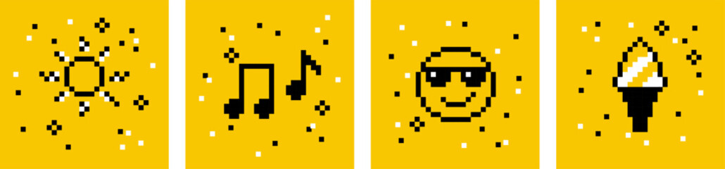 Obraz premium Bright summer collection. Sun, music, smile, sunglasses, ice cream. Pixel art icon set. Y2k trendy playful pixelated stickers. Mood of 90's aesthetics. 8-bit retro style vector illustration