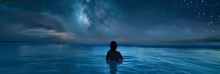 Tranquil image of a person in the water looking at a breathtaking Milky Way stretched above in a night sky
