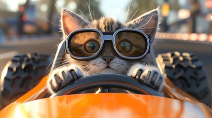 A cute cat wearing sunglasses is sitting in a racecar and holding the steering wheel. The cat is ready to race!