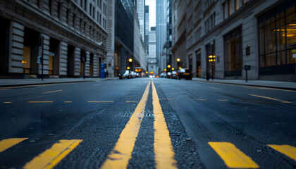 City street with symmetrical yellow lines on asphalt road