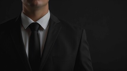 Close-up of a businessman in a black suit and necktie, presented against a black background with copy space for advertising