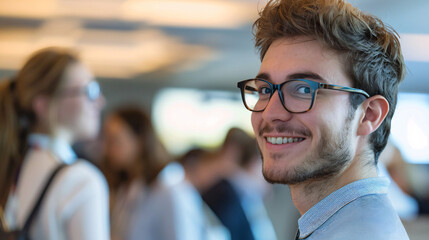 Happy young professional at conference. Young man smiles for the camera while networking at a professional event.