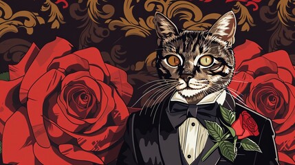 Illustration of a mafia cat dressed in a tuxedo with a rose flower