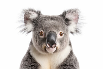 Close-up of a young koala with fluffy grey fur and large ears, isolated on white background