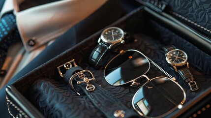 Luxury men's accessories, including cufflinks, a watch, a breastplate, and sunglasses shown in close-up