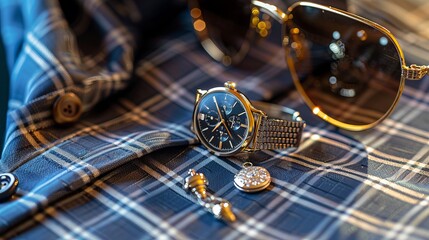 Luxury men's accessories, including cufflinks, a watch, a breastplate, and sunglasses shown in close-up