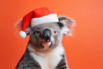 Obraz premium Koala wearing a Santa hat, with red background, highlighting festive holiday spirit in cute, playful manner