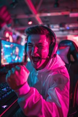 A man in a white shirt playing a video game, suitable for technology concepts