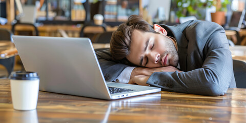 Overworked young business man in suit sleeping on his office table with laptop