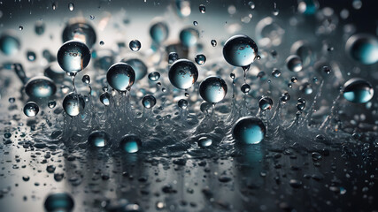  Black art glass ball splashes drops and micro macro splashes on black damp background.   AI generated image, ai
