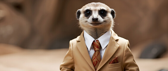 Meerkat wearing a tan buisness suit.