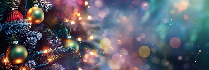 A festive image showcasing vibrant Christmas tree baubles and sparkling lights on a tree