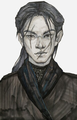 Obraz premium Drawing young comic style man face scar. Asian with long black hair. Samurai Character portrait art Guy in kimono frontal viev face drawing coloring contour people outline ink detailed illustration