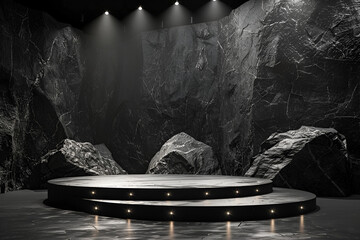 Minimalist Geometric Stone and Rock Background: Dark Gray Podium Display Platform with Spotlight Illumination for Product Showcase