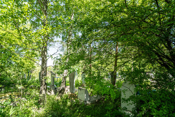 Obraz premium City cemetery graves tombstone, blue sky.