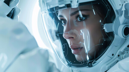 Fototapeta premium A woman in a robot suit with a blue helmet