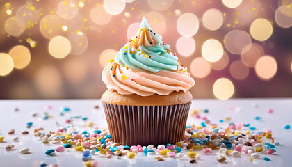A delectable illustration of a delicious birthday cupcake, adorned with colorful sprinkles and placed on a light background, evoking feelings of celebration and joy.