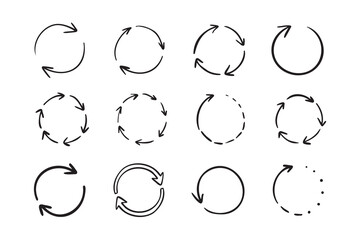 Fototapeta premium Round circle doodle arrows. Hand drawn arrow icons set. Recycle sketch signs. Repeat line symbols.
