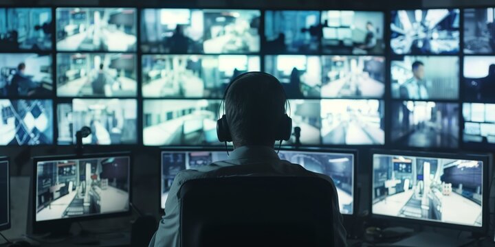 A focused security operator is monitoring surveillance footage from multiple screens in a dim control room