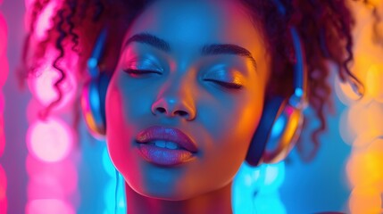 Obraz premium Happy girl listens to music in headphones
