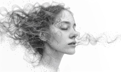 Black and white portrait of a beautiful woman with hair blowing in the wind