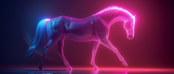Magenta glow highlights a horse silhouette against a black background, creating a striking contrast