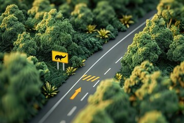 A miniature model of a road surrounded by trees. Ideal for use in transportation or nature-themed projects