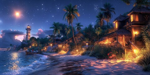 Nighttime Fishing Village, generative ai