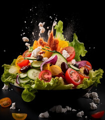 Fresh Greek Salad Explosion, Colorful Vegetables, Black Background