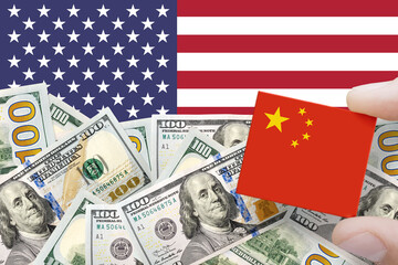 China and United States of America trade competition. United States of America and China flags with...