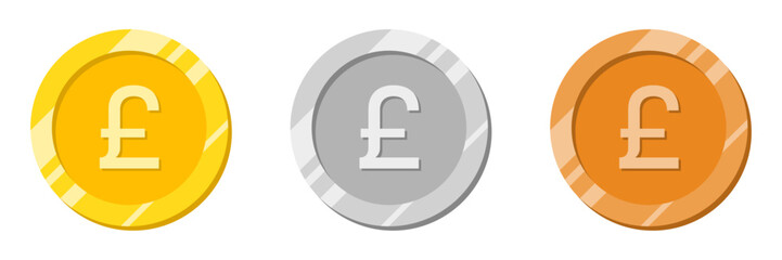 Pound coin in golden color. United Kingdom currency with shiny effect vector illustration in gold, silver and bronze color. Pound coin vector.