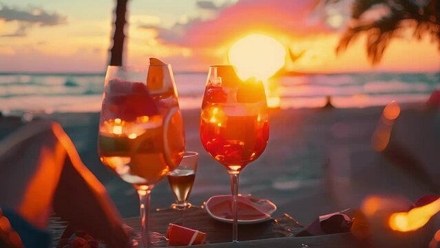 The vibrant hues of a tropical sunset are reflected in the glasses of fruity sangria that a group of friends enjoys while lounging on plush beach chairs.
