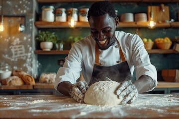 African American man bakes enthusiastically  praised by chef.