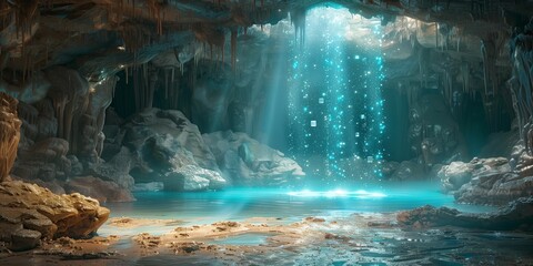 Luminous Cavern: Mystical Crystals and Shimmering Water, generative ai