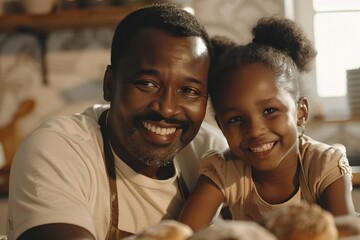 Happy African American father and daughter baking together.