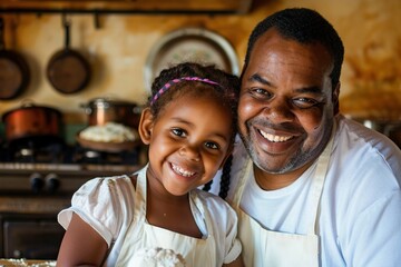 Happy African American father and daughter baking together.