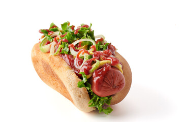 hot dog with ketchup and mustard, isolated on white background