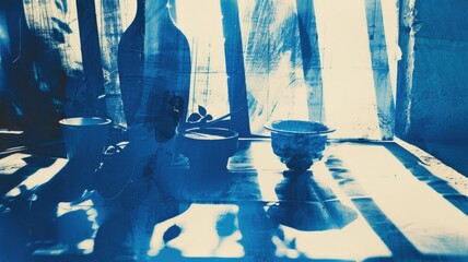 Sunlight exposure on cyanotype paper, capturing the silhouettes of placed objects