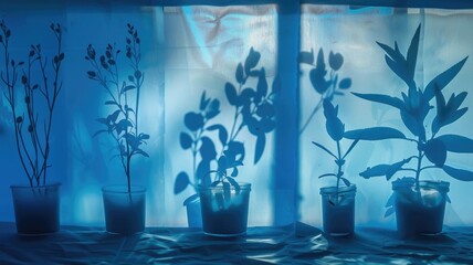 Sunlight exposure on cyanotype paper, capturing the silhouettes of placed objects