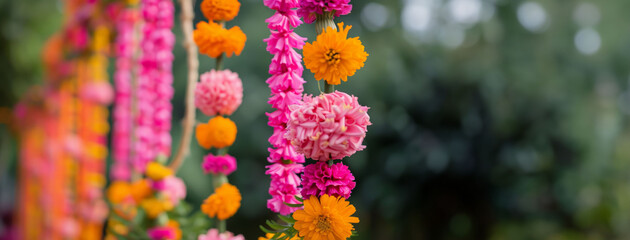 Colorful marigold and pink carnation flower garlands hanging outdoors with blurred background